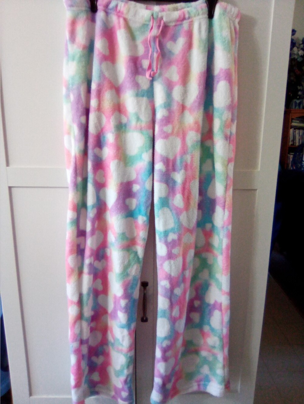 Just Love Pastel Rainbow White Heart Plush Fleece Sleep Pajama Bottoms Pants XL